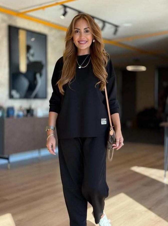 Uzun Kollu Bisiklet Yaka Viskon Iki Iplik Bluz Ve Pantolon Ikili Takım