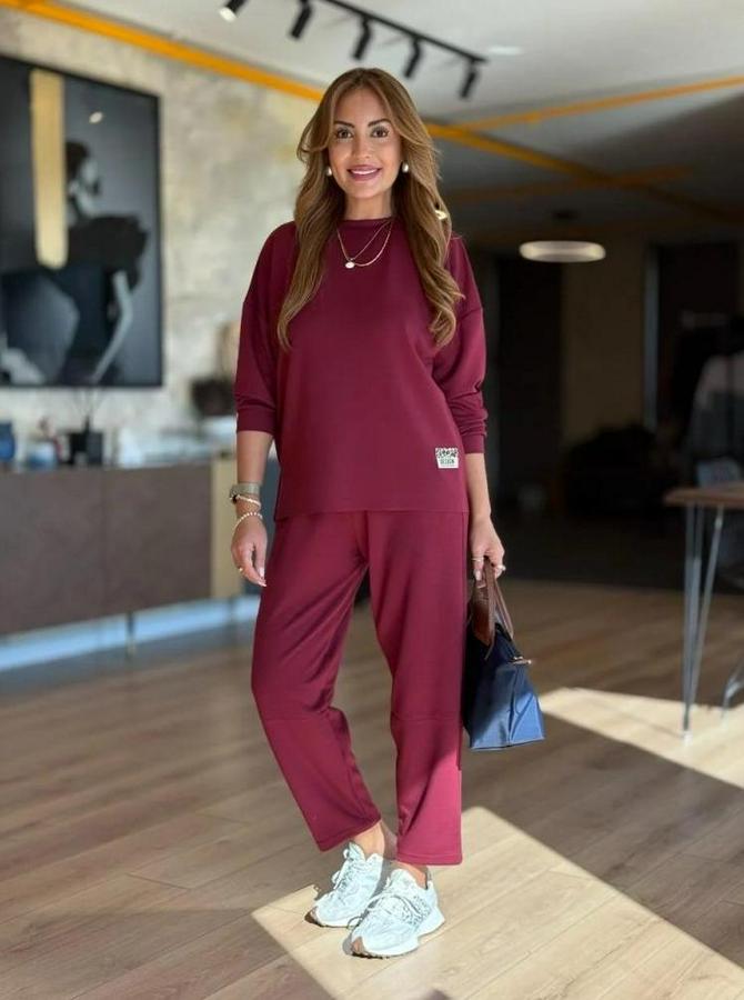 Uzun Kollu Bisiklet Yaka Viskon Iki Iplik Bluz Ve Pantolon Ikili Takım