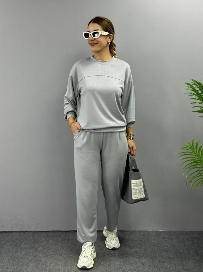 Uzun Kollu Bisiklet Yaka Viskon Iki Iplik Bluz Ve Pantolon Ikili Takım