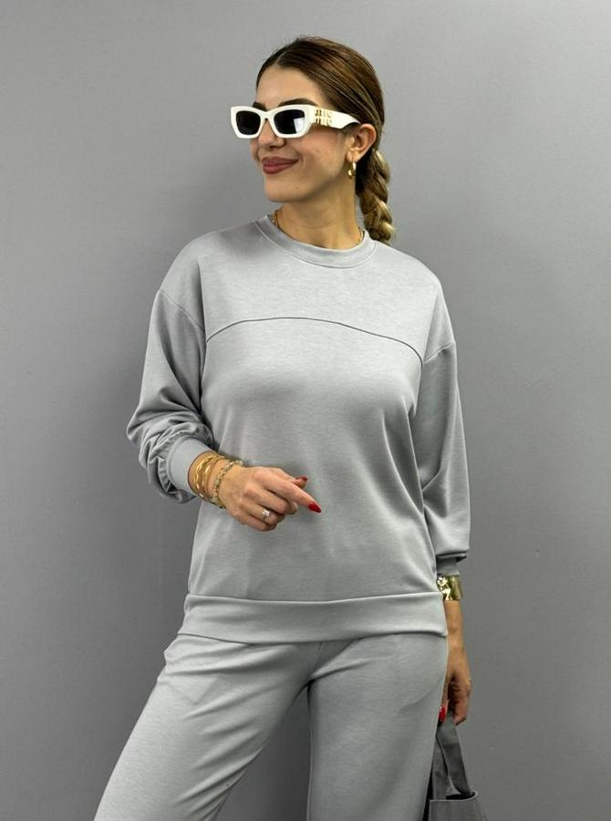 Uzun Kollu Bisiklet Yaka Viskon Iki Iplik Bluz Ve Pantolon Ikili Takım