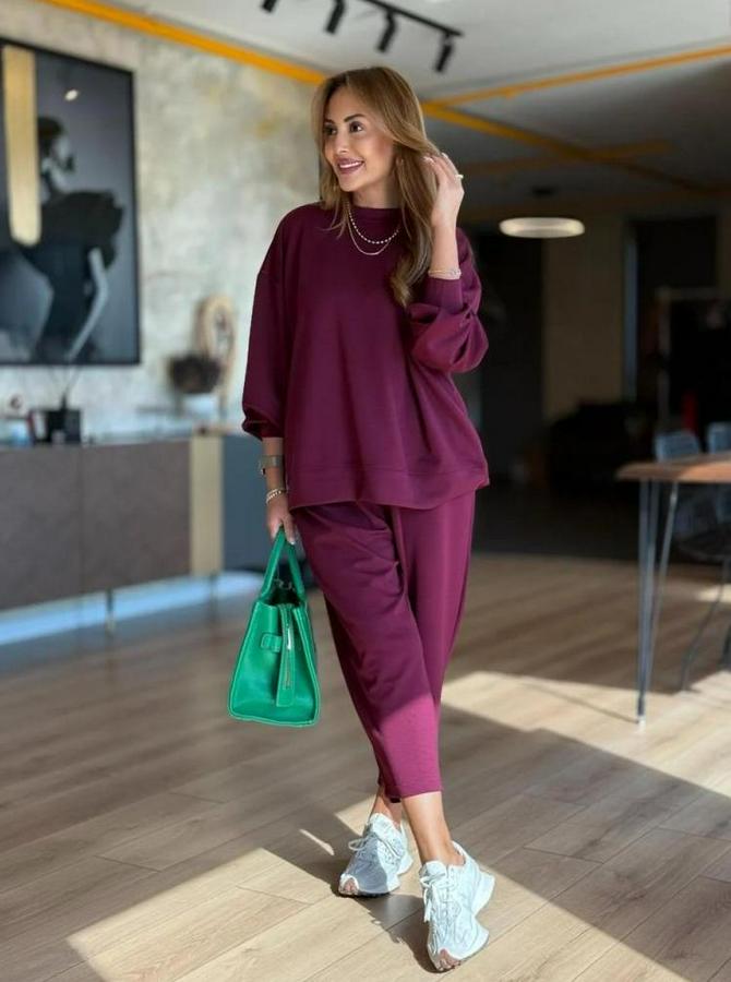 Uzun Kollu Bisiklet Yaka Viskon Iki Iplik Mor Bluz Ve Pantolon Ikili Takım