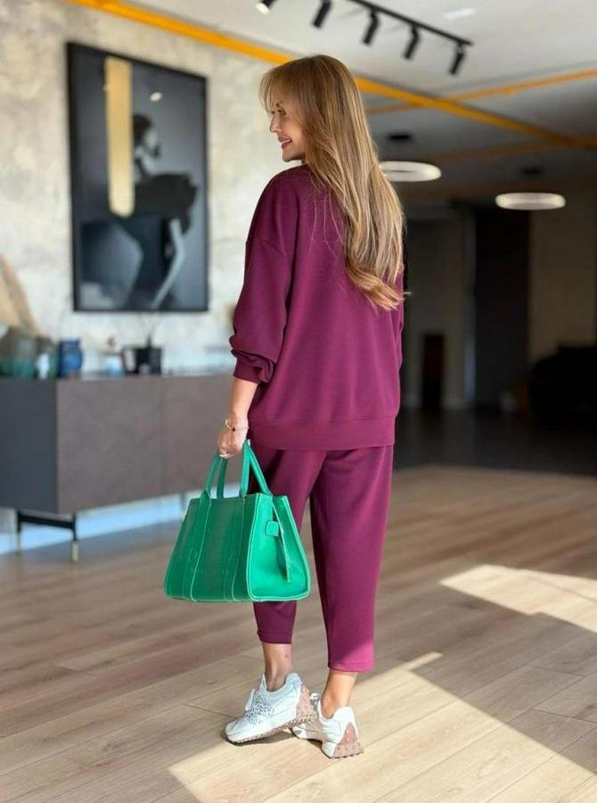 Uzun Kollu Bisiklet Yaka Viskon Iki Iplik Mor Bluz Ve Pantolon Ikili Takım