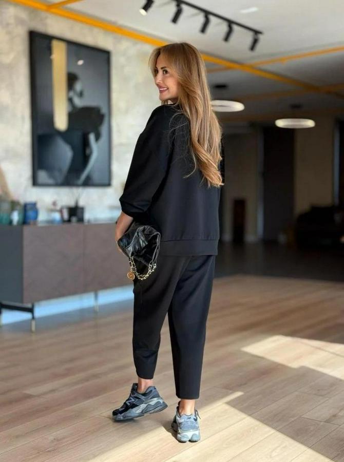 Uzun Kollu Bisiklet Yaka Viskon Iki Iplik Bluz Ve Pantolon Ikili Takım