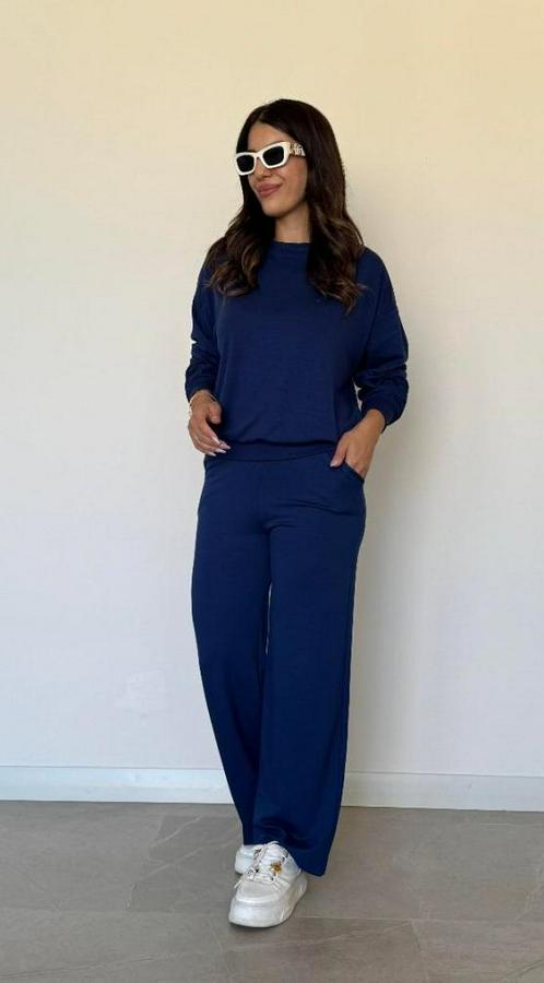 Uzun Kollu Bisiklet Yaka Viskon Iki Iplik Bluz Ve Pantolon Ikili Takım