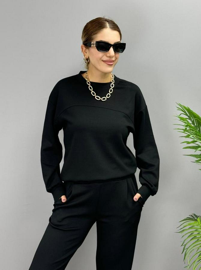 Uzun Kollu Bisiklet Yaka Viskon Iki Iplik Bluz Ve Pantolon Ikili Takım