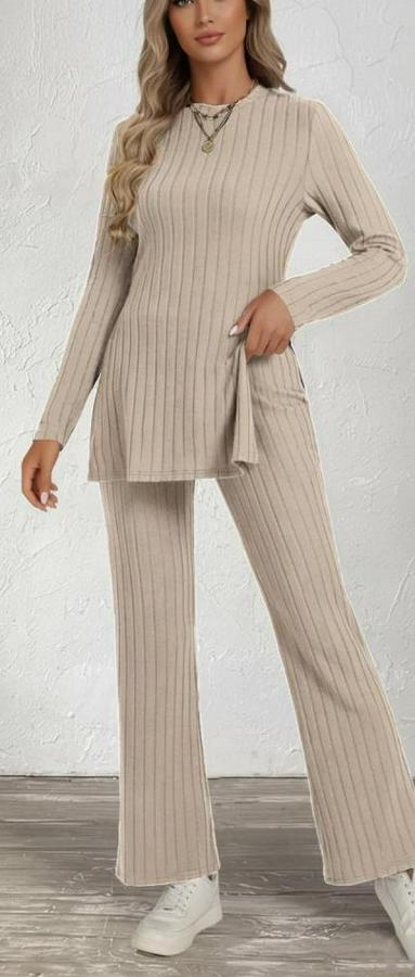Uzun Kollu Bisiklet Yaka Yandan Yırtmaçlı Şardonlu Kaşkorse Bluz Ve Pantolon Ikili Takım