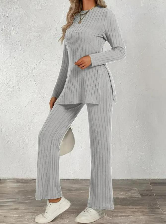 Uzun Kollu Bisiklet Yaka Yandan Yırtmaçlı Şardonlu Kaşkorse Bluz Ve Pantolon Ikili Takım