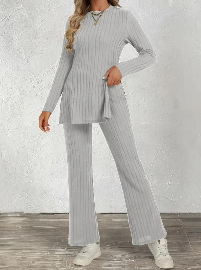 Uzun Kollu Bisiklet Yaka Yandan Yırtmaçlı Şardonlu Kaşkorse Bluz Ve Pantolon Ikili Takım