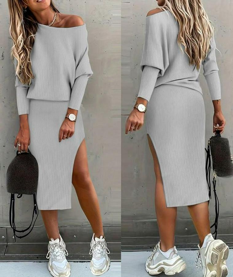 Uzun Kollu Düşük Omuz Yırtmaç Detay Kaşkorse Etek Bluz Ikili Takım