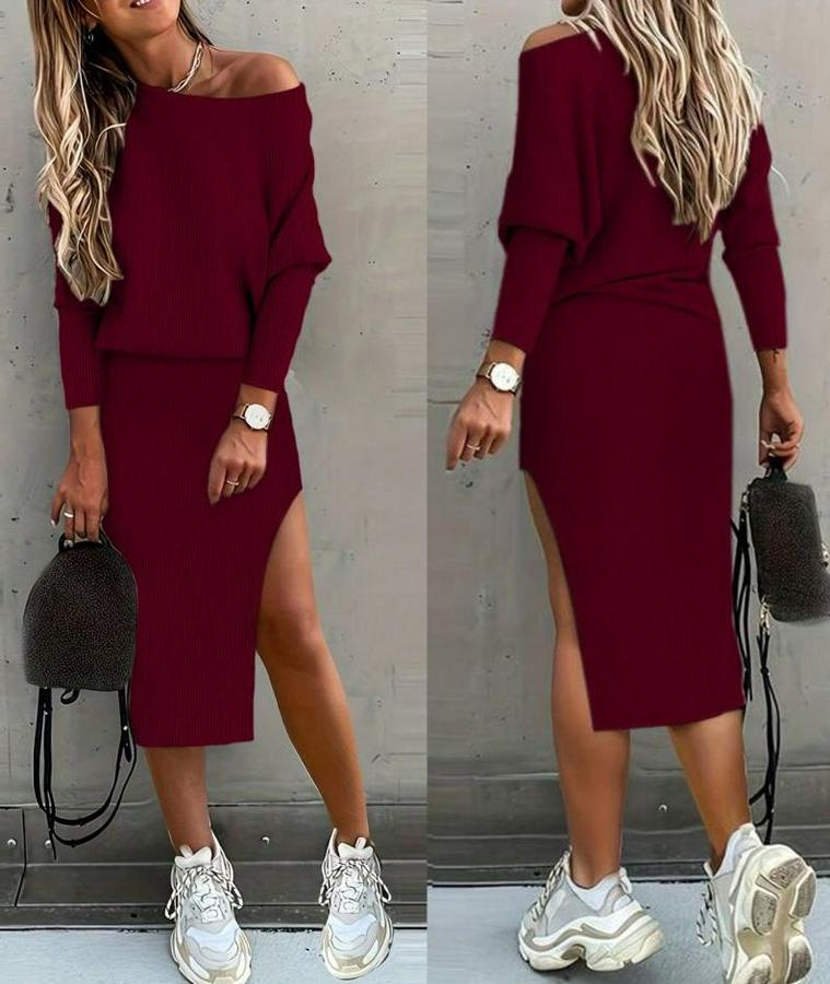 Uzun Kollu Düşük Omuz Yırtmaç Detay Kaşkorse Etek Bluz Ikili Takım