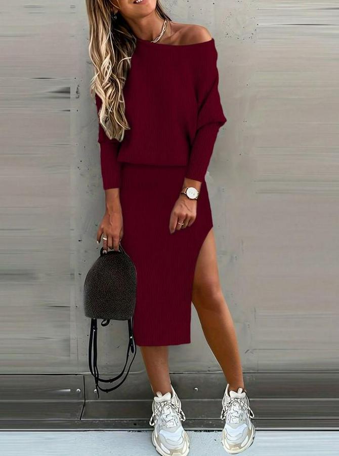 Uzun Kollu Düşük Omuz Yırtmaç Detay Kaşkorse Etek Bluz Ikili Takım