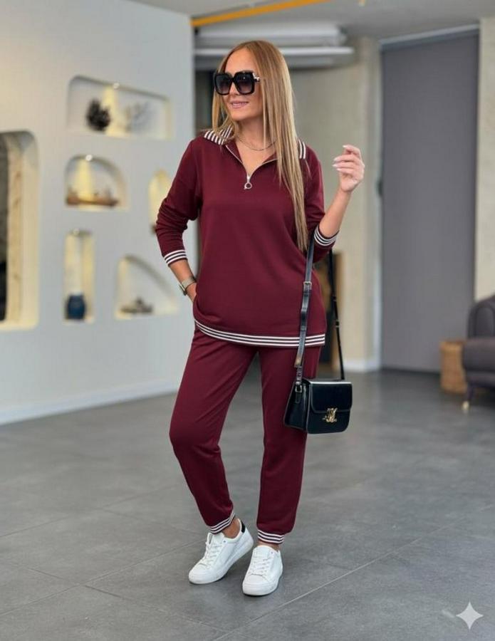 Uzun Kollu Fermuarlı Şerit Detay Desenli Alt Üst Ikili Viskon Iki Iplik Takım