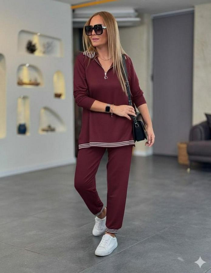 Uzun Kollu Fermuarlı Şerit Detay Desenli Alt Üst Ikili Viskon Iki Iplik Takım