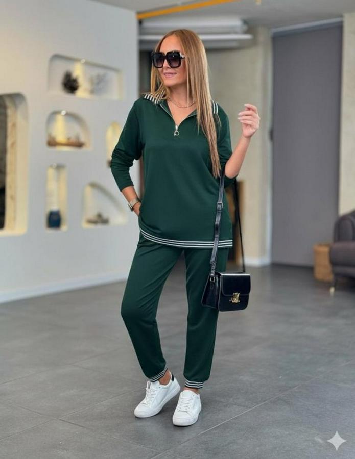 Uzun Kollu Fermuarlı Şerit Detay Desenli Alt Üst Ikili Viskon Iki Iplik Takım