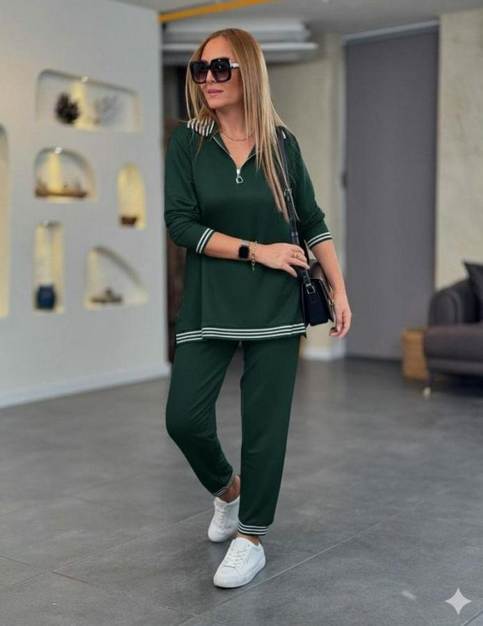 Uzun Kollu Fermuarlı Şerit Detay Desenli Alt Üst Ikili Viskon Iki Iplik Takım