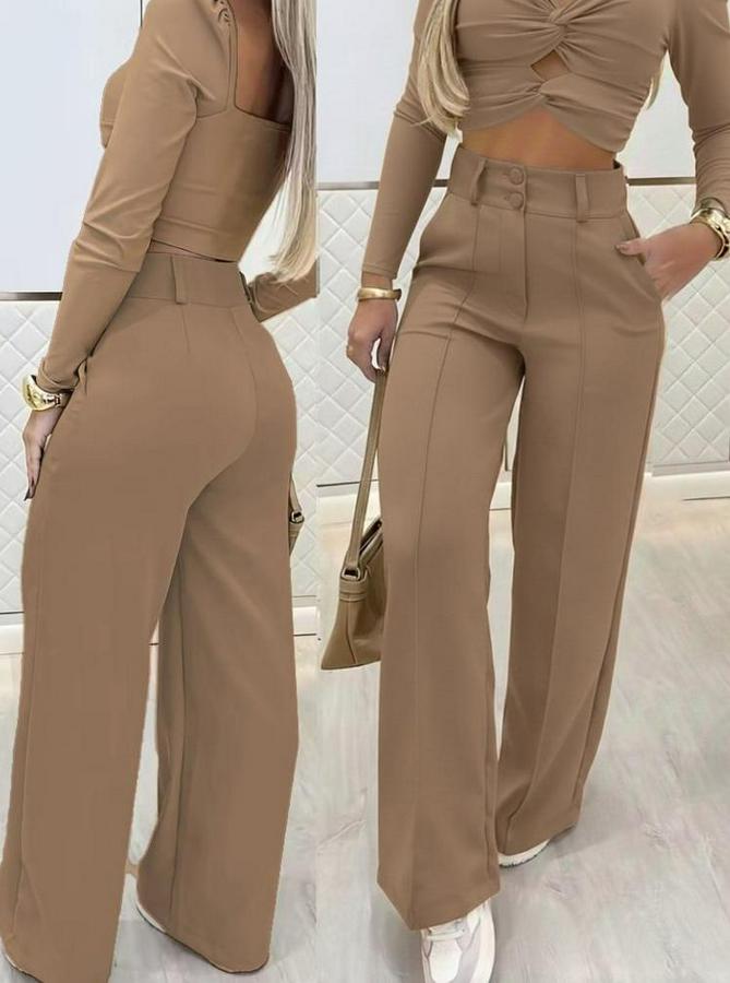 Uzun Kollu Göğüs Dekolteli Ithal Krep Bluz Ve Pantolon Ikili Takım