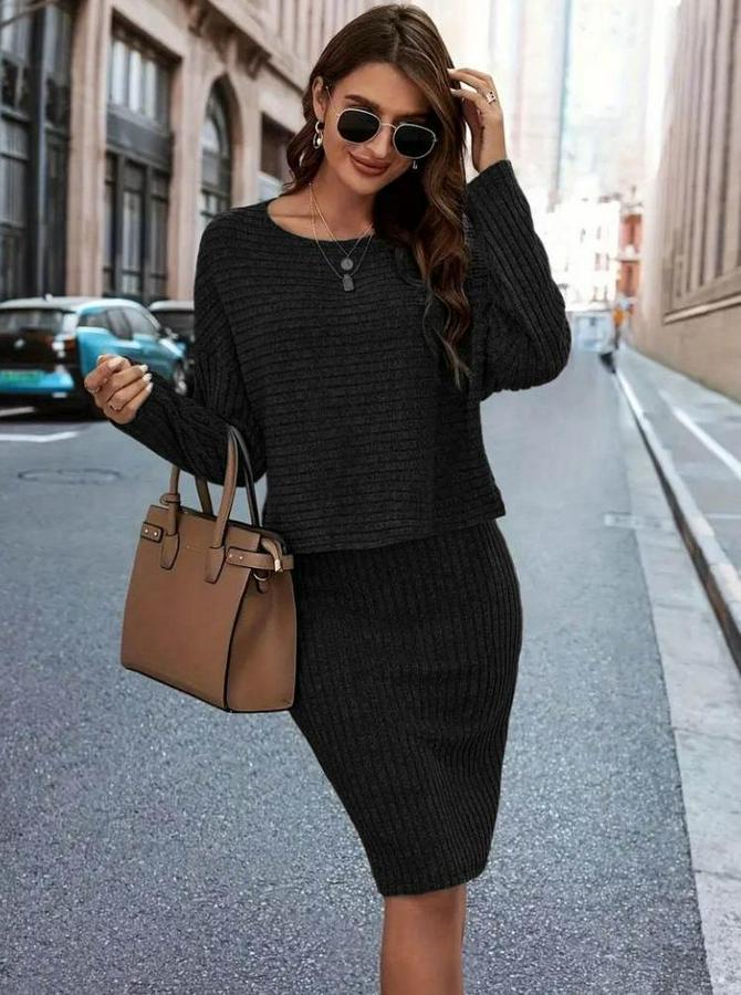 Uzun Kollu Iki Yanı Açık Yaka Detaylı Bluz Ve Etek Şardonlu Kaşkorse Ikili Takım