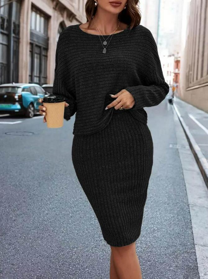 Uzun Kollu Iki Yanı Açık Yaka Detaylı Bluz Ve Etek Şardonlu Kaşkorse Ikili Takım