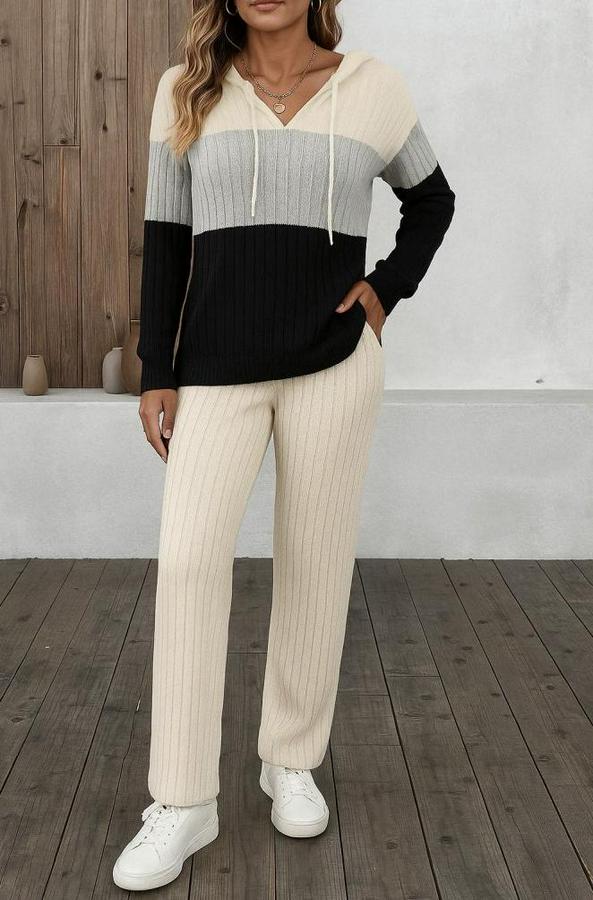 Uzun Kollu Kapşonlu Bağcıklı Blok Renkli Şardonlu Kaşkorse Bluz Ve Pantolon Ikili Takım