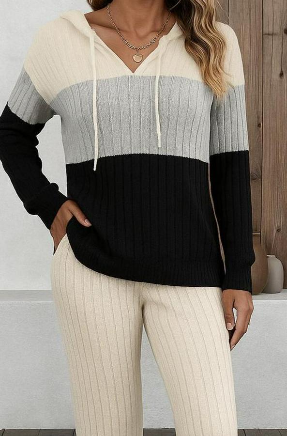 Uzun Kollu Kapşonlu Bağcıklı Blok Renkli Şardonlu Kaşkorse Bluz Ve Pantolon Ikili Takım