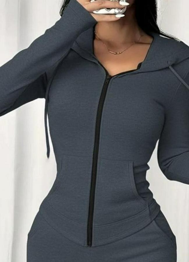 Uzun Kollu Kapşonlu Bağcıklı Önü Fermuarlı Viskon Iki Iplik Bluz Ve Pantolon Ikili Takım