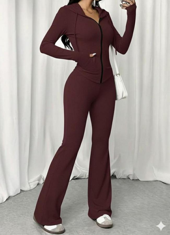 Uzun Kollu Kapşonlu Bağcıklı Önü Fermuarlı Viskon Iki Iplik Bluz Ve Pantolon Ikili Takım