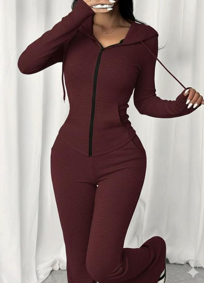 Uzun Kollu Kapşonlu Bağcıklı Önü Fermuarlı Viskon Iki Iplik Bluz Ve Pantolon Ikili Takım