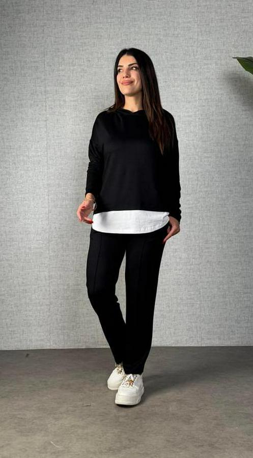 Uzun Kollu Kapşonlu Bağcıklı Viskon Iki Iplik Bluz Ve Pantolon Ikili Takım