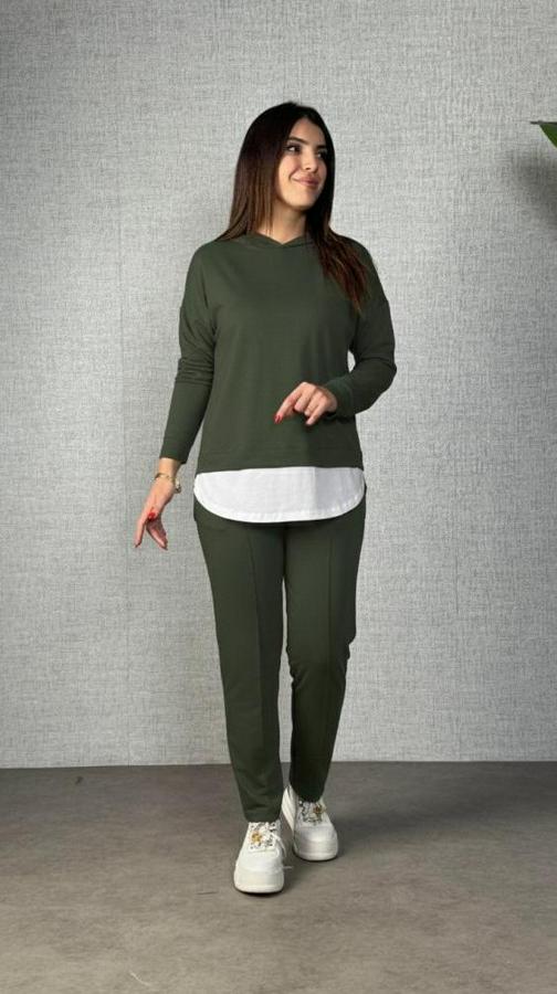 Uzun Kollu Kapşonlu Bağcıklı Viskon Iki Iplik Bluz Ve Pantolon Ikili Takım