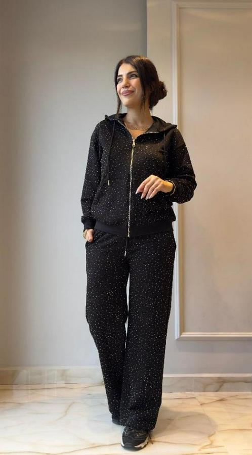 Uzun Kollu Kapşonlu Fermuarlı Taşlı Önü Fermuarlı Viskon Iki Iplik Bluz Ve Eşofman Altı Ikili Takım