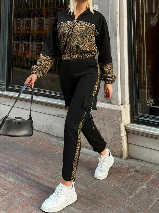 Uzun Kollu Kapşonlu Leopar Desenli Viskon Iki Iplik Bluz Ve Pantolon Ikili Takım