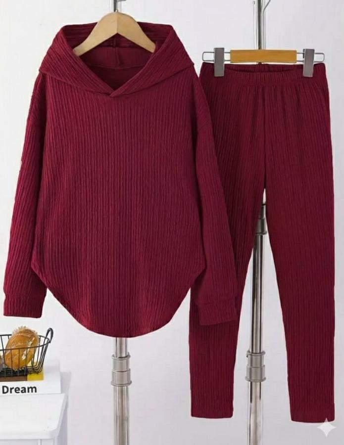 Uzun Kollu Kapşonlu Meloni Bluz Ve Pantolon Ikili Takım