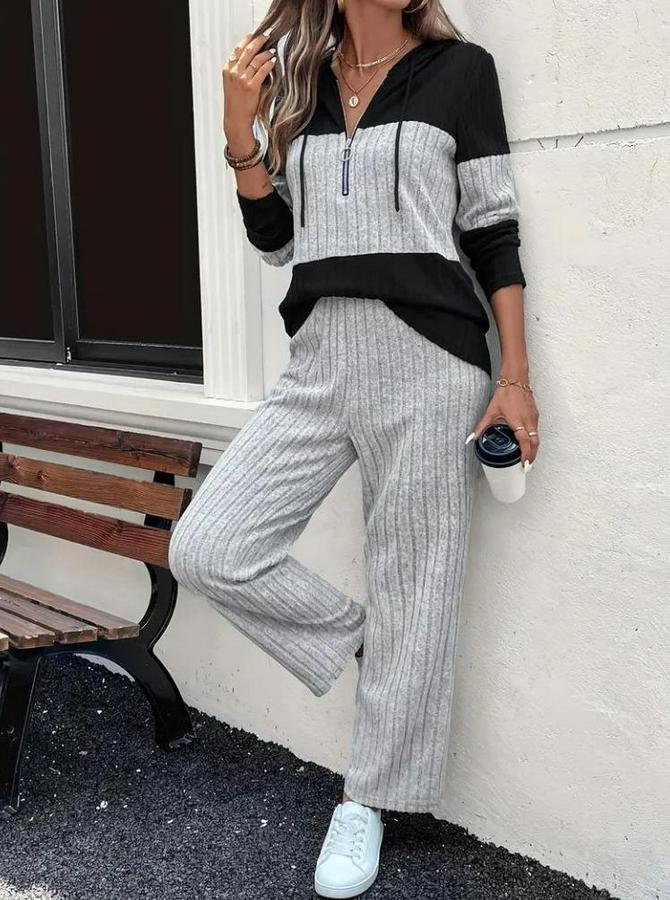 Uzun Kollu Kapşonlu Önden Fermuarlı Şardonlu Kaşkorse Bluz Ve Pantolon