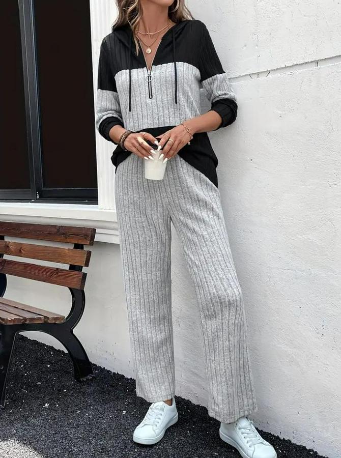 Uzun Kollu Kapşonlu Önden Fermuarlı Şardonlu Kaşkorse Bluz Ve Pantolon