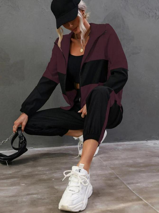 Uzun Kollu Kapşonlu Önden Fermuarlı Viskon Iki Iplik Bluz Ve Pantolon Ikili Takım