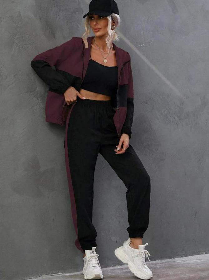 Uzun Kollu Kapşonlu Önden Fermuarlı Viskon Iki Iplik Bluz Ve Pantolon Ikili Takım