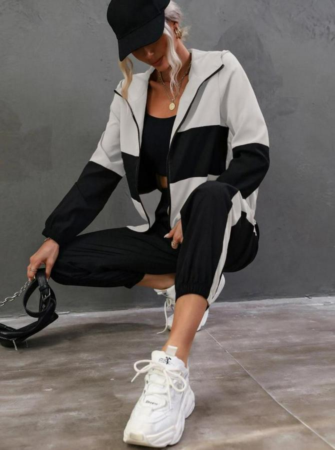 Uzun Kollu Kapşonlu Önden Fermuarlı Viskon Iki Iplik Bluz Ve Pantolon Ikili Takım