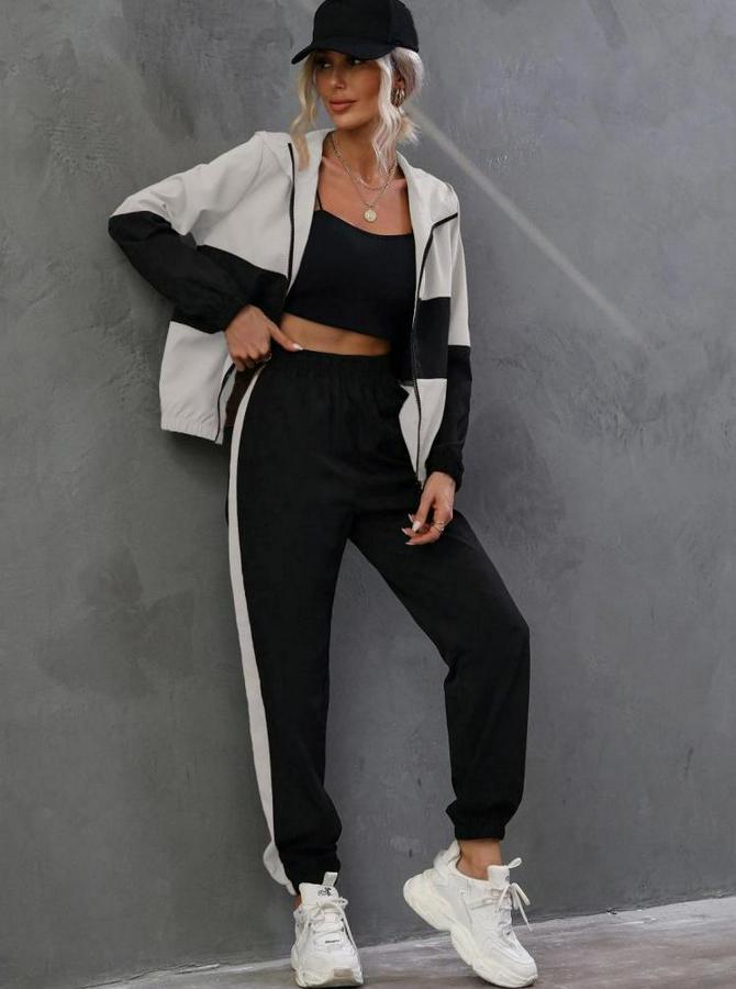 Uzun Kollu Kapşonlu Önden Fermuarlı Viskon Iki Iplik Bluz Ve Pantolon Ikili Takım