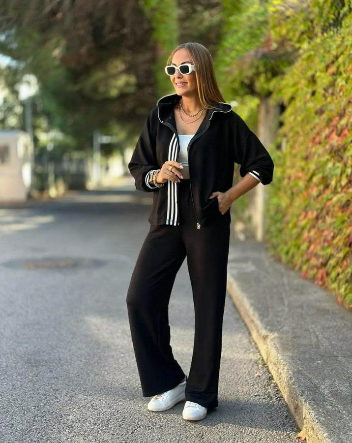 Uzun Kollu Kapşonlu Onu Şerit Detaylı Fermuarlı Viskon Iki Iplik Bluz Ve Pantolon Ikili Takım