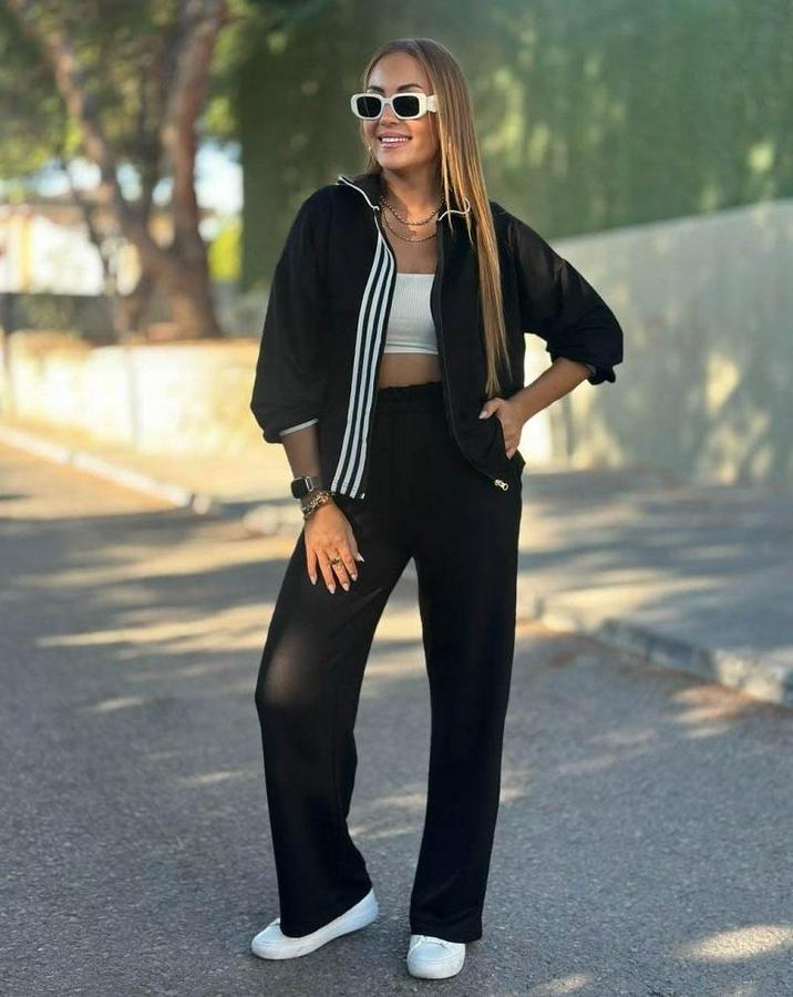 Uzun Kollu Kapşonlu Onu Şerit Detaylı Fermuarlı Viskon Iki Iplik Bluz Ve Pantolon Ikili Takım