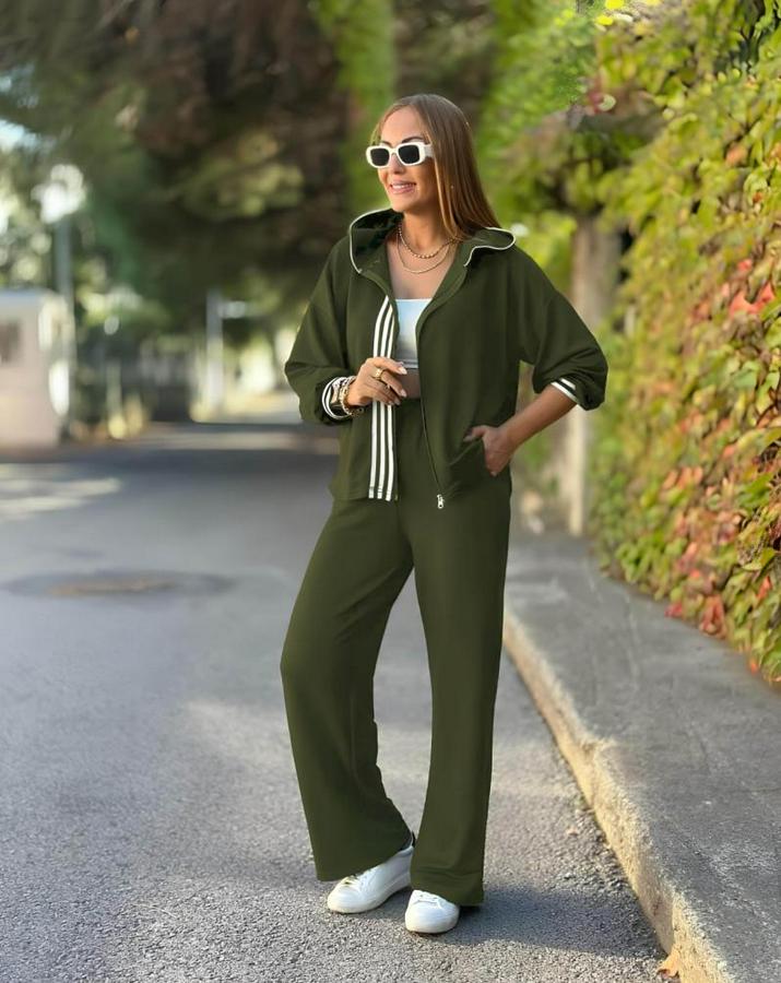 Uzun Kollu Kapşonlu Onu Şerit Detaylı Fermuarlı Viskon Iki Iplik Bluz Ve Pantolon Ikili Takım