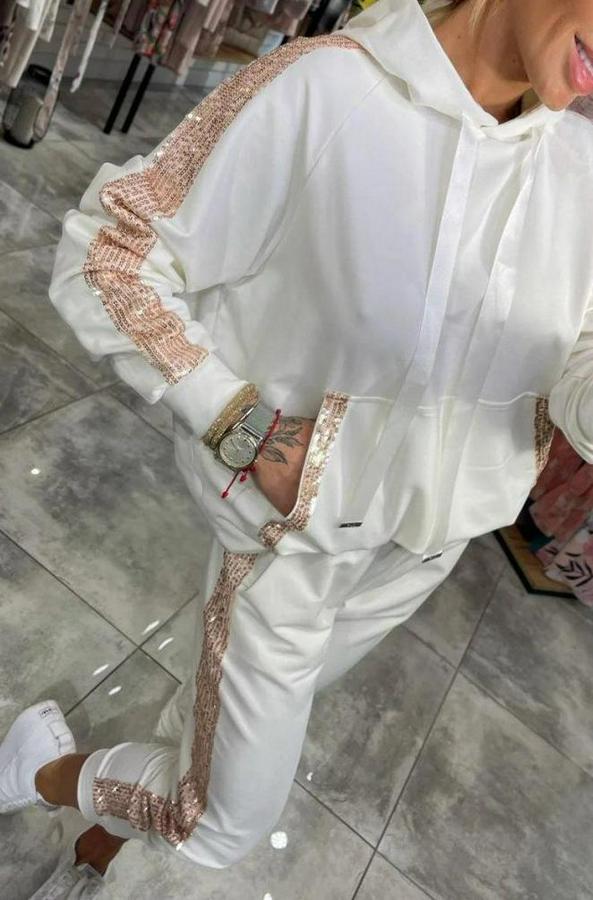 Uzun Kollu Kapşonlu Pulpayet Detay Viskon Iki Iplik Bluz Ve Pantolon Ikili Takım