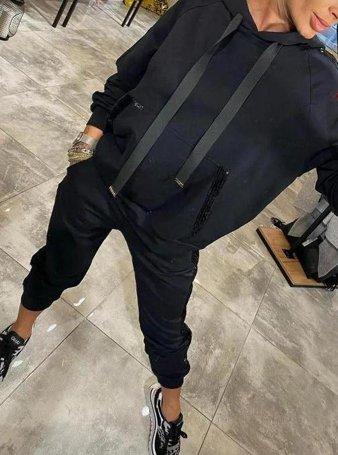 Uzun Kollu Kapşonlu Pulpayet Detay Viskon Iki Iplik Bluz Ve Pantolon Ikili Takım