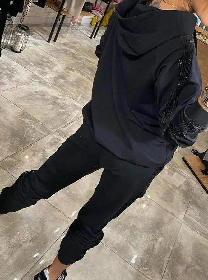 Uzun Kollu Kapşonlu Pulpayet Detay Viskon Iki Iplik Bluz Ve Pantolon Ikili Takım