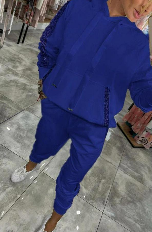 Uzun Kollu Kapşonlu Pulpayet Detay Viskon Iki Iplik Bluz Ve Pantolon Ikili Takım