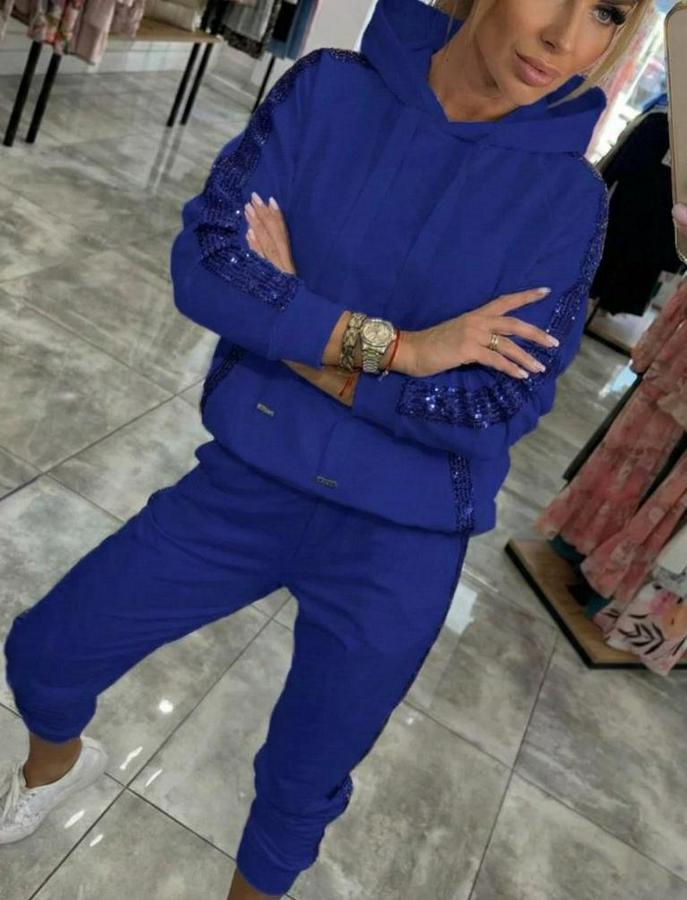 Uzun Kollu Kapşonlu Pulpayet Detay Viskon Iki Iplik Bluz Ve Pantolon Ikili Takım