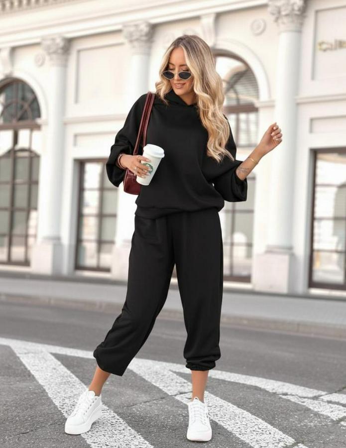 Uzun Kollu Kapşonlu Viskon Iki Iplik Bluz Ve Pantolon Ikili Takım