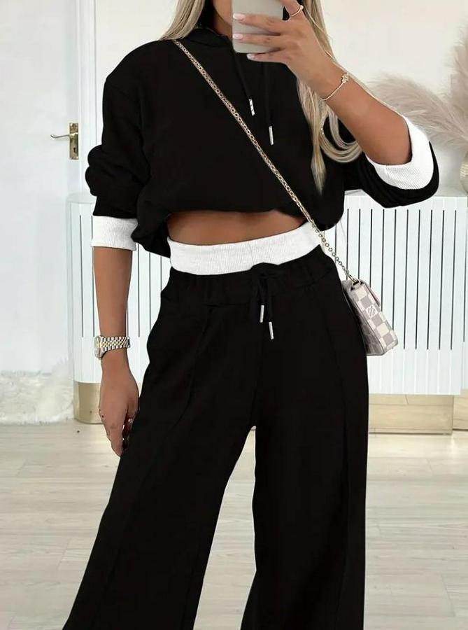 Uzun Kollu Kapşonlu Viskon Iki Iplik Bluz Ve Pantolon Ikili Takım