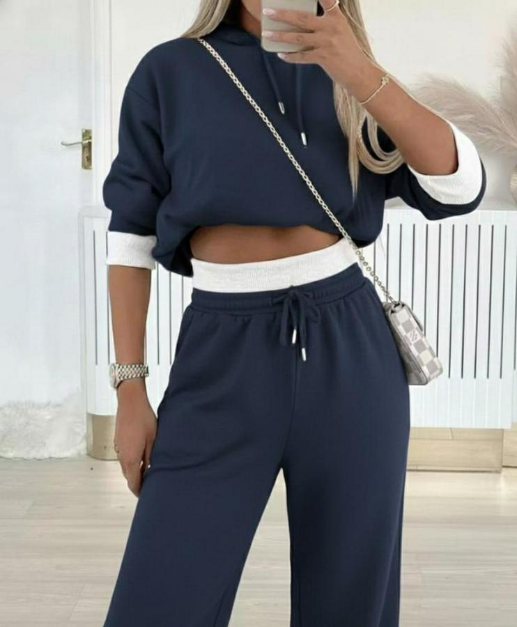 Uzun Kollu Kapşonlu Viskon Iki Iplik Füme Bluz Ve Pantolon Ikili Takım