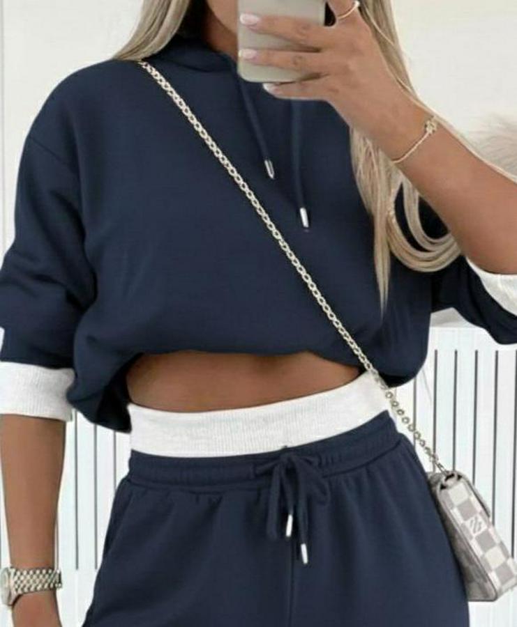 Uzun Kollu Kapşonlu Viskon Iki Iplik Füme Bluz Ve Pantolon Ikili Takım